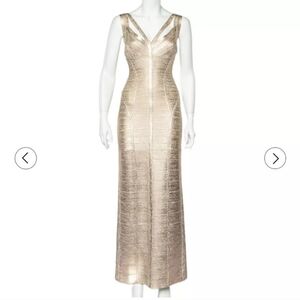 Herve Leger Champagne Metallic Bandage Maxi Gown